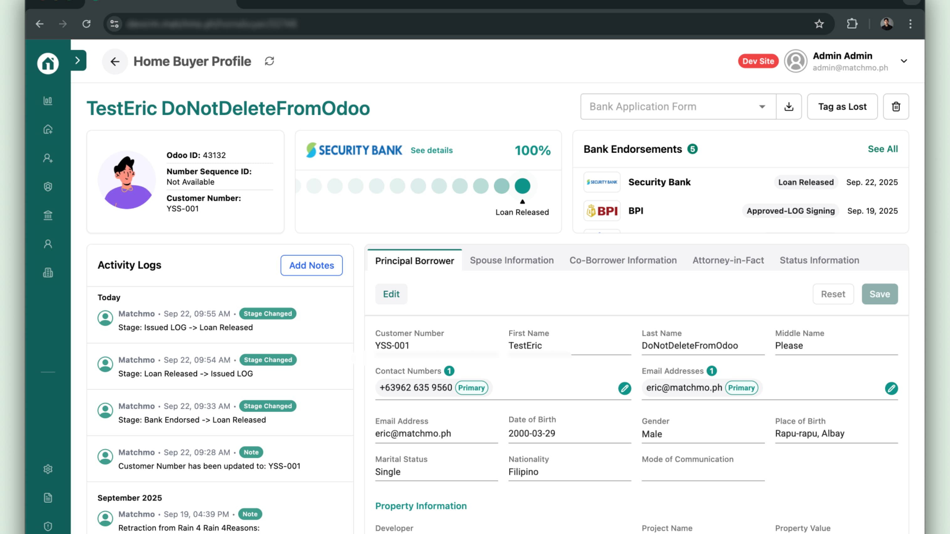 Matchmo Developer CRM project preview